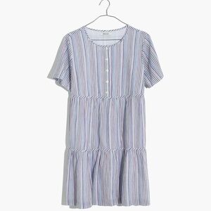 Madewell Striped Crewneck Button-Front Tiered Mini Dress, Size Small